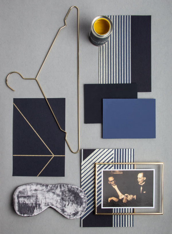 Graham & Brown behang Lagom Navy Gold Flat Lay (Foto Graham & Brown  op DroomHome.nl)