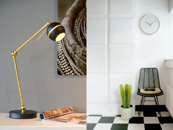 Werkplek en studeerplek interieur tips – Leen Bakker woonaccessoires: Karlsson wandklok Mr White en Lucide led-bureaulamp Binari. (Foto Leen Bakker  op DroomHome.nl)