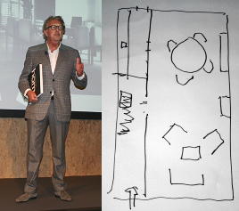 Jan des Bouvrie maakt Situatie Tekening van 50 Jaar Terug Interieur & Inrichting van een Woning op de Woonbeurs Amsterdam 2010 (DroomHome.nl)