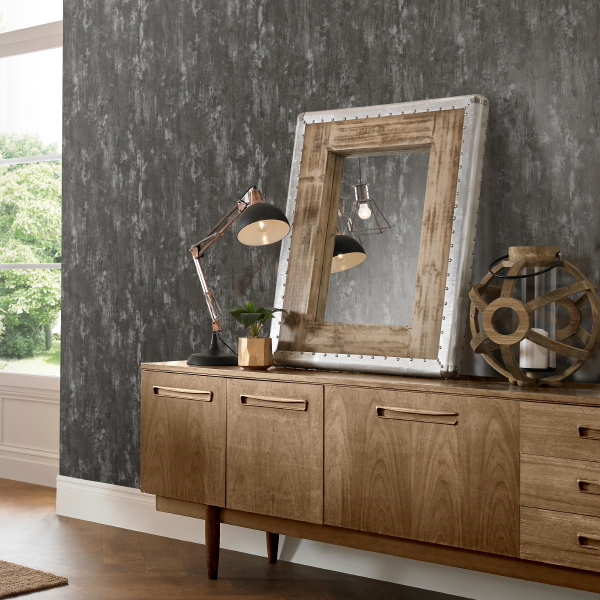 Industrieel behang - Oxidised Texture - Verweerd look behang van Graham & Brown. (Foto Graham & Brown  op DroomHome.nl)