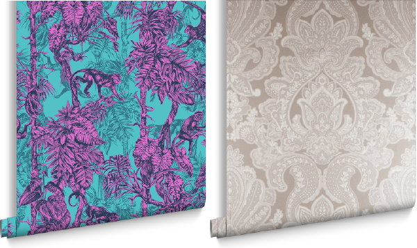 Luxe Graham & Brown behang collectie Ubud Mayhem en Souk Cardamon Damask (Foto Graham & Brown wallpaper  op DroomHome.nl)