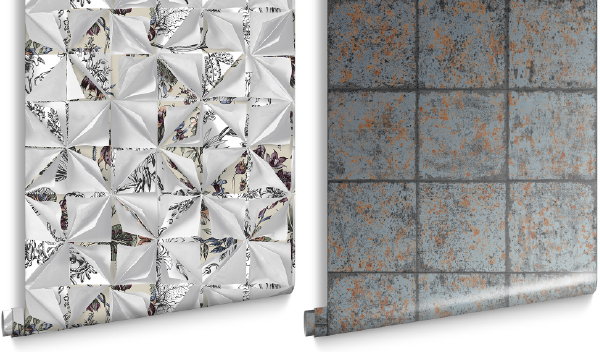 Luxe Graham & Brown behang collectie Oxidised Tile Rust en Origami (Foto Graham & Brown wallpaper  op DroomHome.nl)