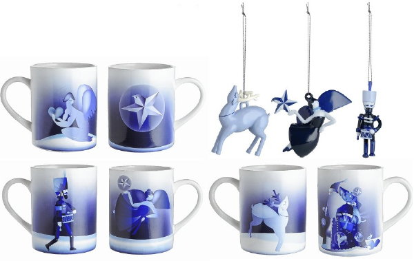 Nieuwe Alessi kerst collectie 2017 – 3 Alessi Blue Christmas mugs / mokken met 2 verschillende afbeeldingen op iedere mok en 3 kersthangers, design LPKW & Antonio Arico. (Foto Alessi  op DroomHome.nl)