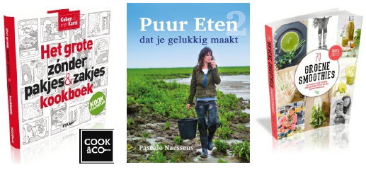 Goede voornemens? Gezond eten en drinken met gezonde kookboeken: 70 Groene Smoothies, Het Grote Zonder Pakjes en Zakjes Kookboek en Puur Eten 2, dat je gelukkig maakt.  (Foto Cook&Co  op DroomHome.nl)