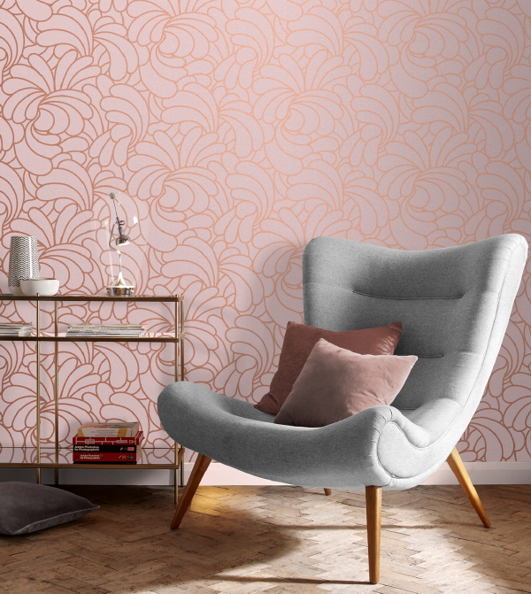 Graham & Brown behang, design Barbara Hulanicki – behang Bananas Copper Blush – MEER Behang inspiratie… (Foto Graham & Brown  op DroomHome.nl)