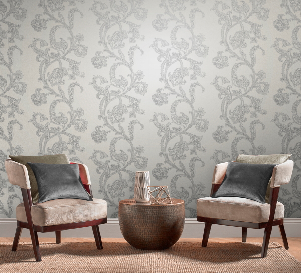 Graham & Brown behang Xanadu Oriental Pearl, design Laurence Llewelyn-Bowen (Foto Graham & Brown wallpaper  op DroomHome.nl)