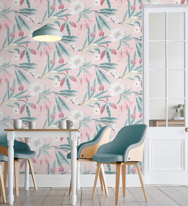 Hysterisch behang: Graham & Brown Paradise Blush (Foto Graham & Brown wallpaper  op DroomHome.nl)