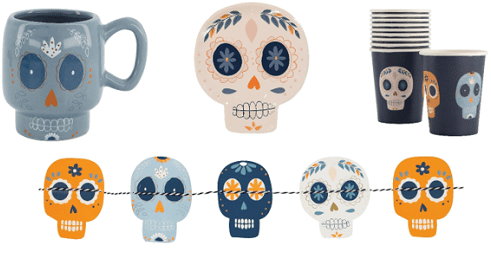 Hema Dia de los Muertos 2019 vieren met Dia de los Muertos decoratie doodshoofden slingers en papieren bordjes, bakjes en rietjes (Foto HEMA  op DroomHome.nl)