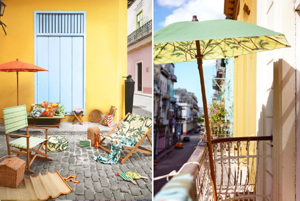 Ikea solblekt parasols, kussens, klapstoelen en jeu de boules voor in de tuin of op terras (Foto Ikea  op DroomHome.nl)