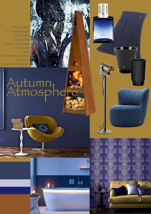 Herfst Kleur & Interieur Trend: Autumn Atmosphere - De Herfst Woontrend Moodboard Presenteert de Nieuwste Meubelen & Woonaccessoires in Mosterd & Blauw/Zwart Kleuren. MEER Kleur & Interieur... (Foto Home Comfort Press  op DroomHome.nl)  