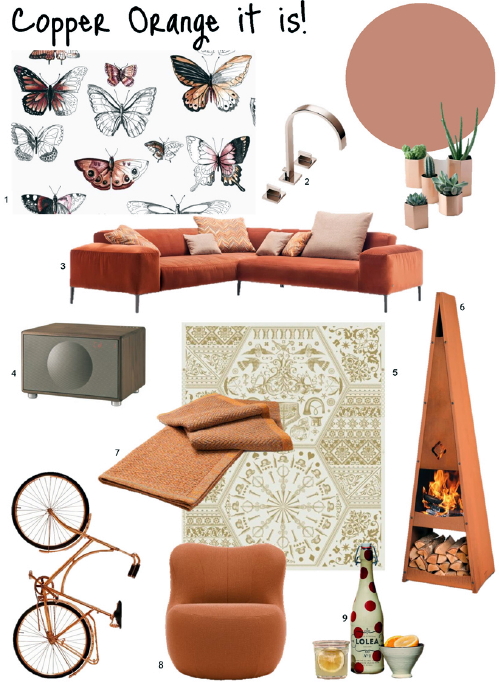 Kleur & Interieur Moodboard: Copper Orange It Is! - Kleur Koper en Oranje Collage van Interieur, Design & Woonaccessoires van Bekende Woonmerken! - MEER Kleur & Interieur.. (Foto HCP  op DroomHome.nl)