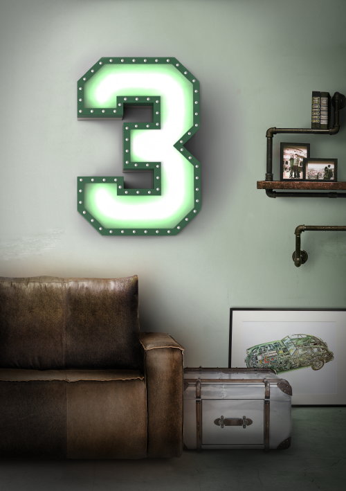 Cijfer Lampen & Letter Lampen: Typografie Cijferlamp 3 in een Stoer& Industrieel Interieur – MEER… (Foto Delightfull.eu Typographical Lamps  op DroomHome.nl)