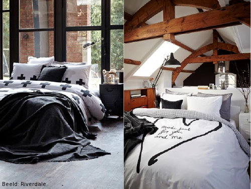 Slaapkamer Winter Woontrend Riverdale Vagabond Vibes: Riverdale Beddengoed Serie LOFT. Collection Dekbedovertrekken in Wit & Zwart met Prints en Teksten.  (Foto Riverdale  op DroomHome.nl) 