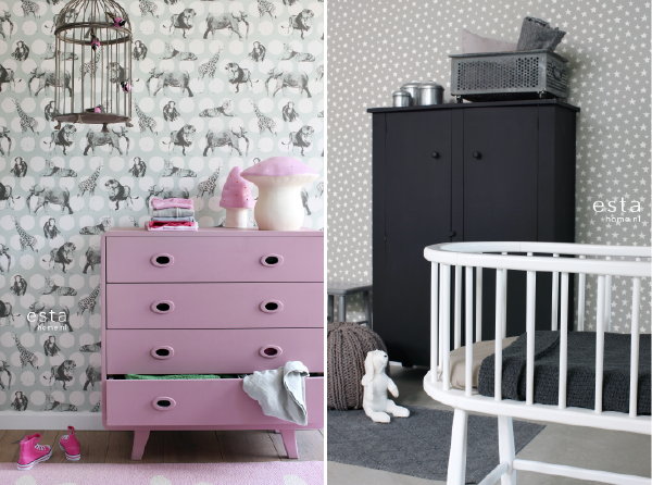 Nieuwste Collectie Kinderkamer Behang Everybody Bonjour van ESTAhome – Wilde Dieren / Beesten Behang & Sterren Behang in Grijs & Wit Kleur voor de Jongens en Meisjes Kinderkamer & Babykamer. (Foto ESTAhome  op DroomHome.nl)