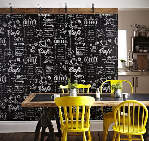 Teksten Behang: Lucky Letters – Coffee Shop Black, Café Krijtbord Behang van Contour (Foto Contour Behang  op DroomHome.nl)