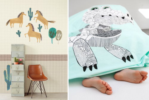 Kinderkamer Trends: Feest in het Bos! – Tout Petit Eijffinger Behang Prairie & Paarden & Covers & Co Dekbedovertrek Frankie. (Foto Perscentrum Wonen  op DroomHome.nl)