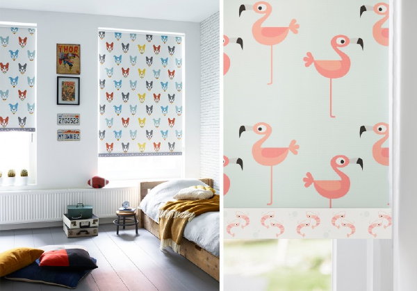 Van Babykamer, Kinderkamer tot Jeugdhonk – Rolgordijnen van Bece met Flamingo’s en Bulldogs.  (Foto Bece  op DroomHome.nl)