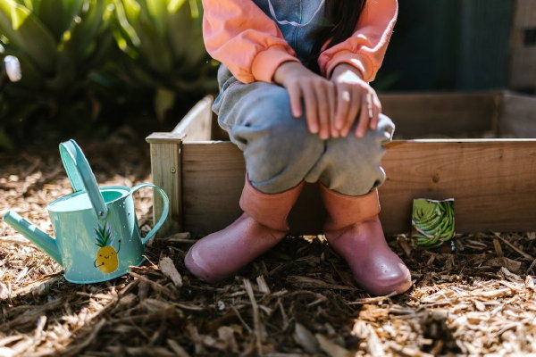 Tuinpad bodembedekker houtsnippers bij kindermoestuin (Foto: RDNE Stock Project, Pexels  op DroomHome.nl)