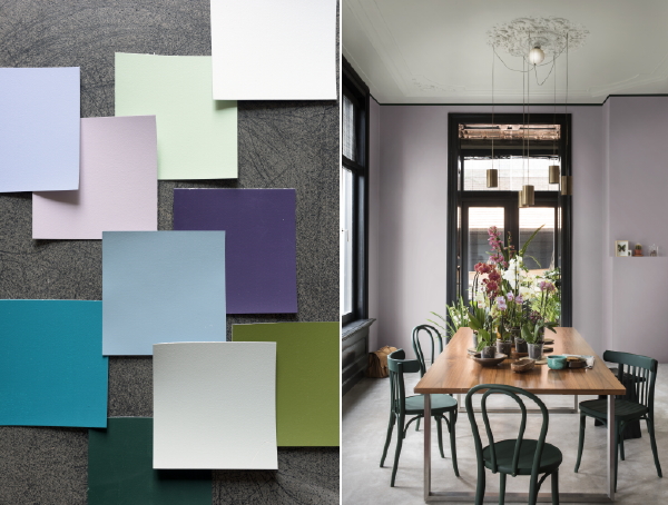 Kleurtrend 2017: New Romanticism in de Keuken en Eetkamer - Verf Kleurenpalet Groen, Blauw en Grijs voor Muren, Meubels en Woonaccessoires.  (Foto Flexa  op DroomHome.nl) 