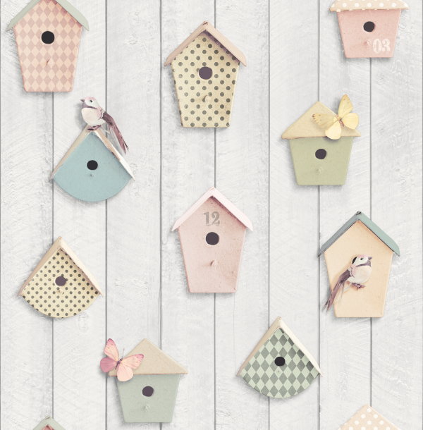 Pastel Behang in Soft Tones van Graham & Brown: Vogelhuisjes Behang. (Foto Graham & Brown Wallpaper  op DroomHome.nl)